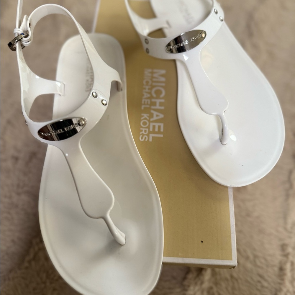 Michael Kors White T-Strap Sandals with Metallic Accent